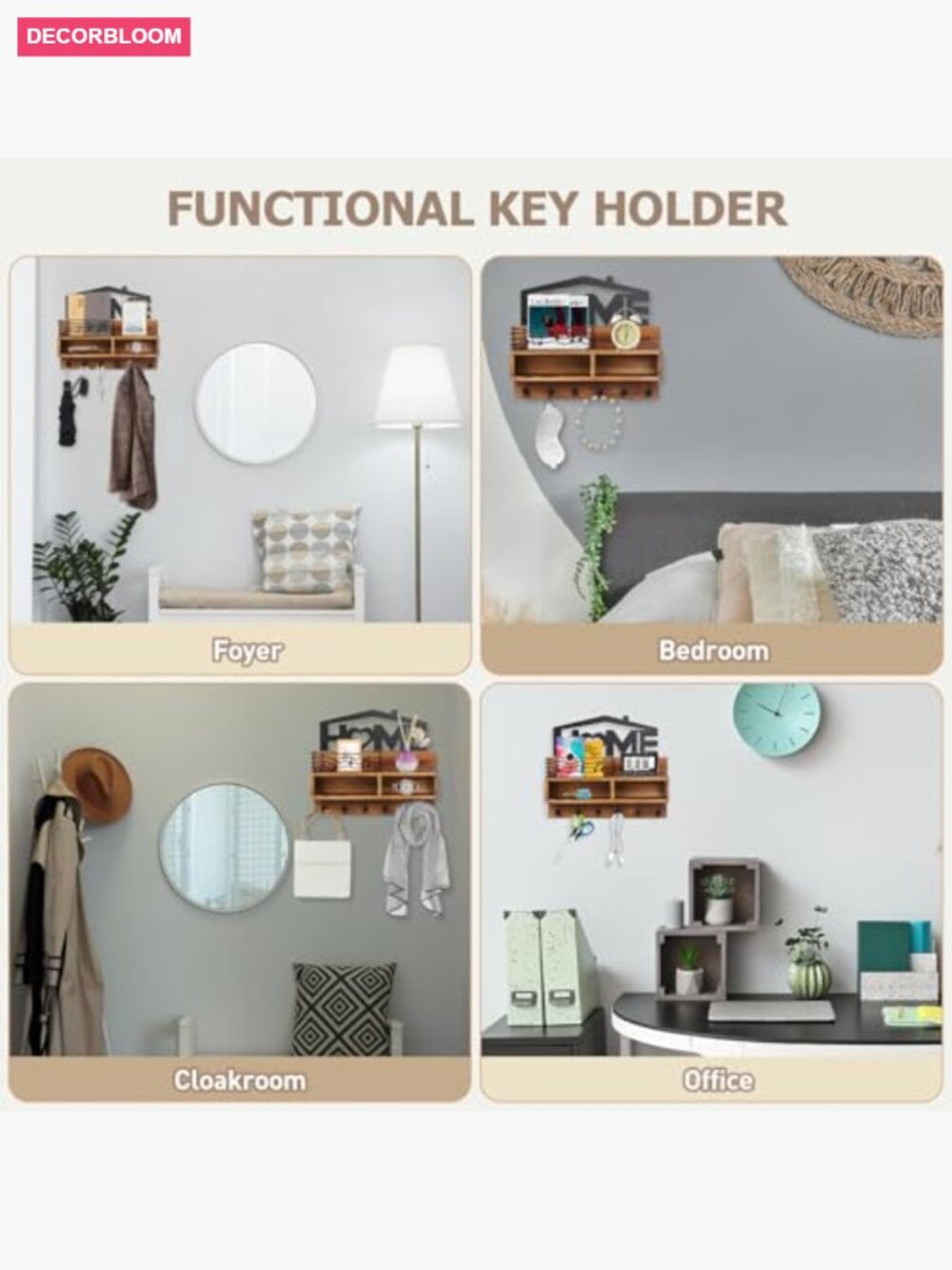 Wooden Key Holder Wall Mount with Shelf and 6 Hooks - Picture 7 of 7